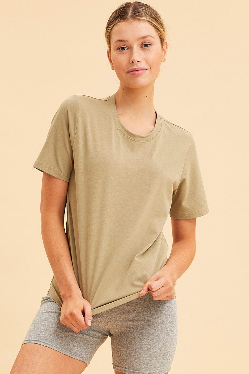 BASIC Green Relaxed T-Shirt Heavy Cotton Crew Neck for Women by Ally