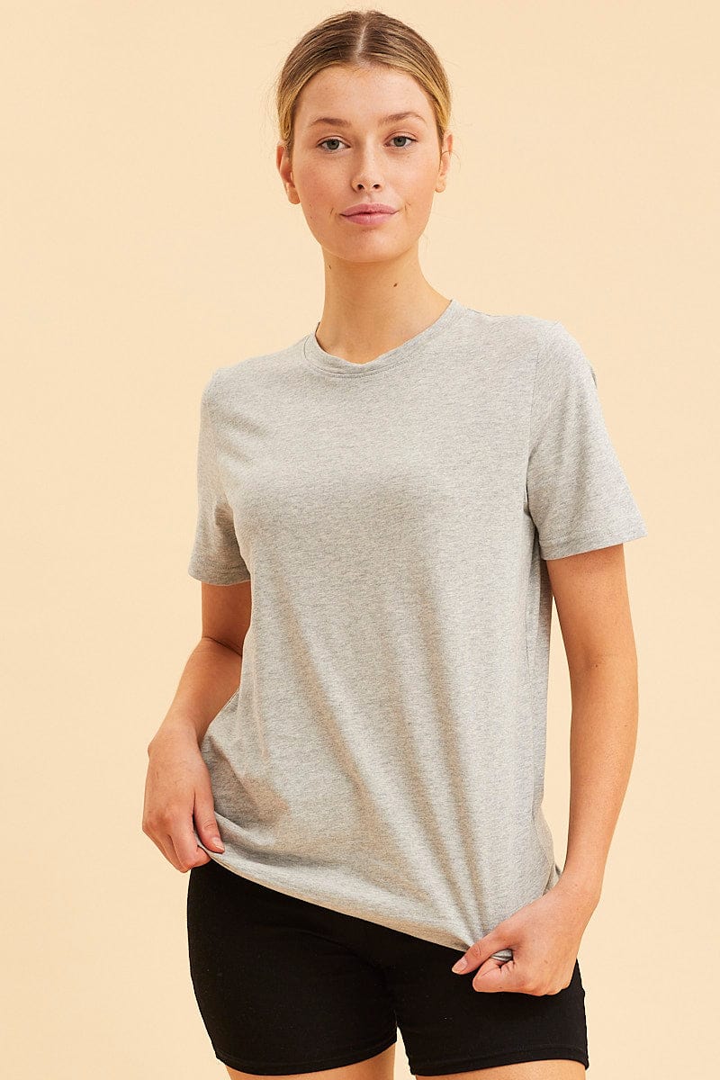 BASIC Grey Cotton T-Shirt Crew Neck Regular Fit Cotton for Women by Ally