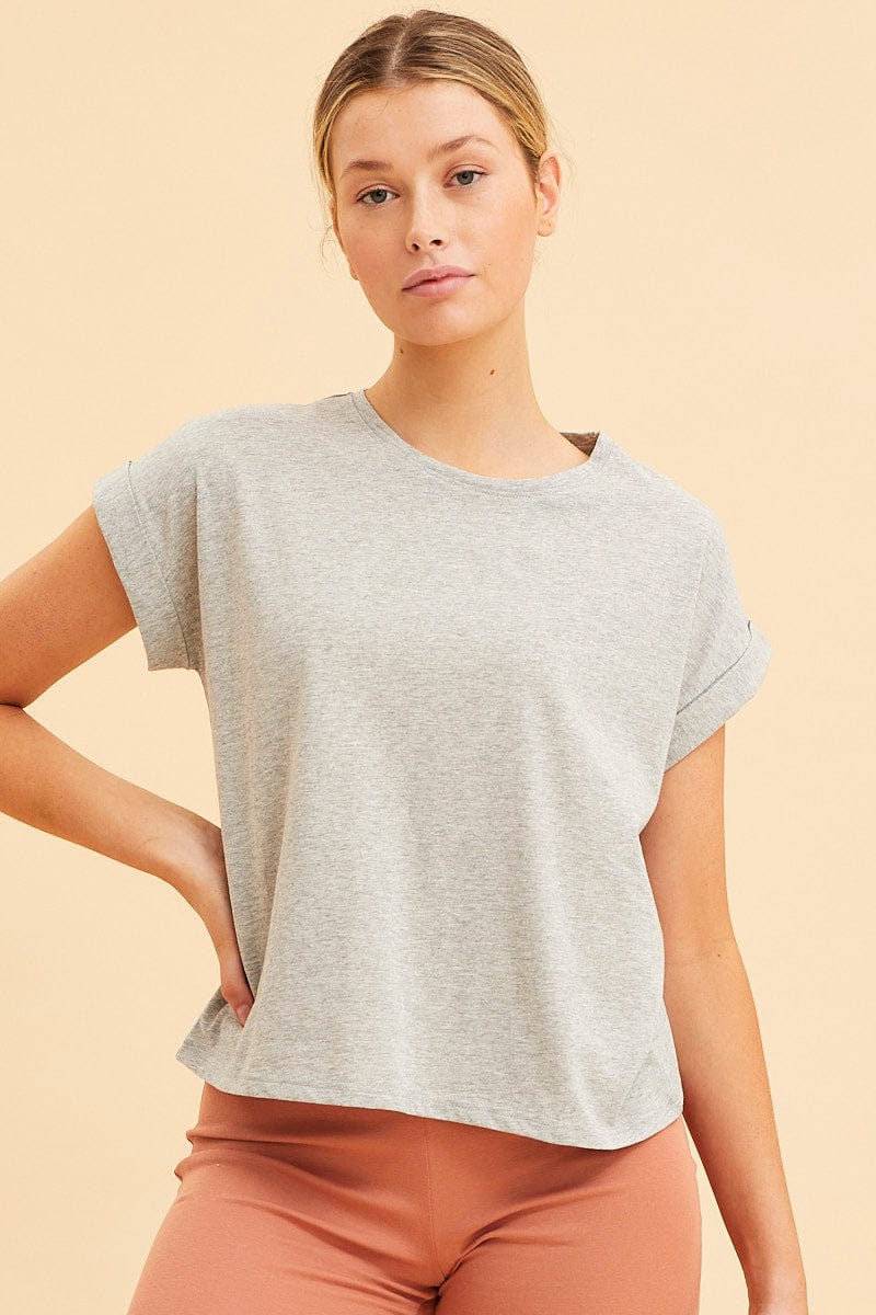 BASIC Grey Cropped T-Shirt Crew Neck Roll Sleeve Cotton for Women by Ally