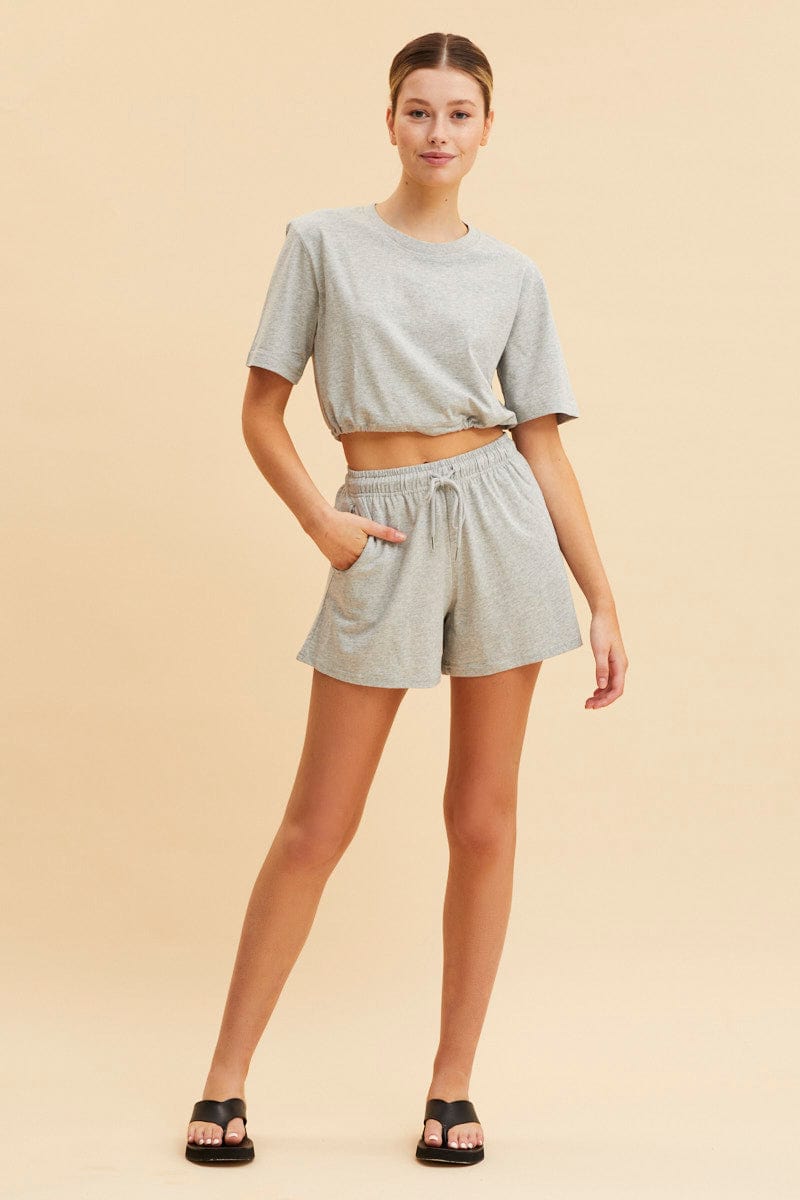 BASIC Grey Cropped T-Shirt Short Sleeve Drawstring Hem for Women by Ally