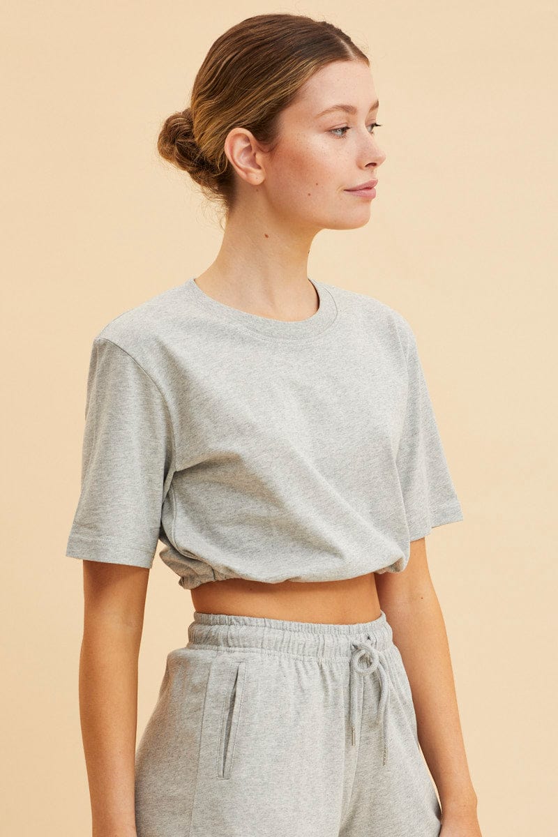 BASIC Grey Cropped T-Shirt Short Sleeve Drawstring Hem for Women by Ally