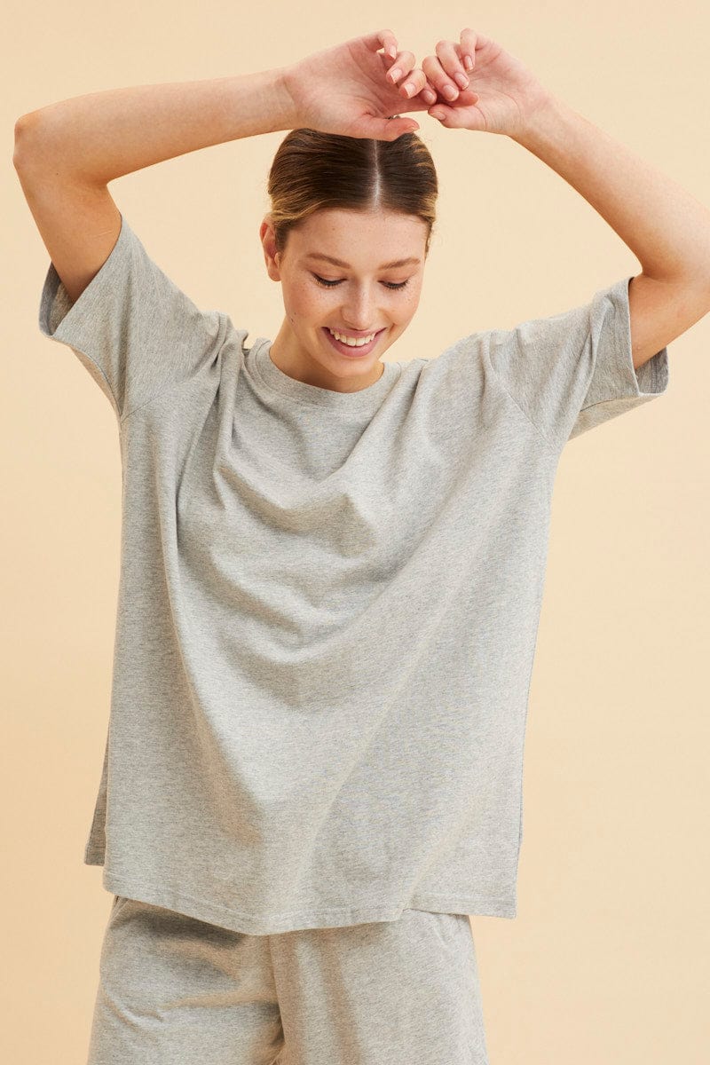 BASIC Grey Oversized T-Shirt Crew Neck Short Sleeve Cotton for Women by Ally