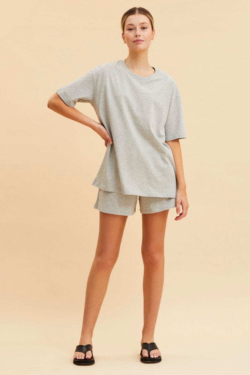 BASIC Grey Oversized T-Shirt Crew Neck Short Sleeve Cotton for Women by Ally