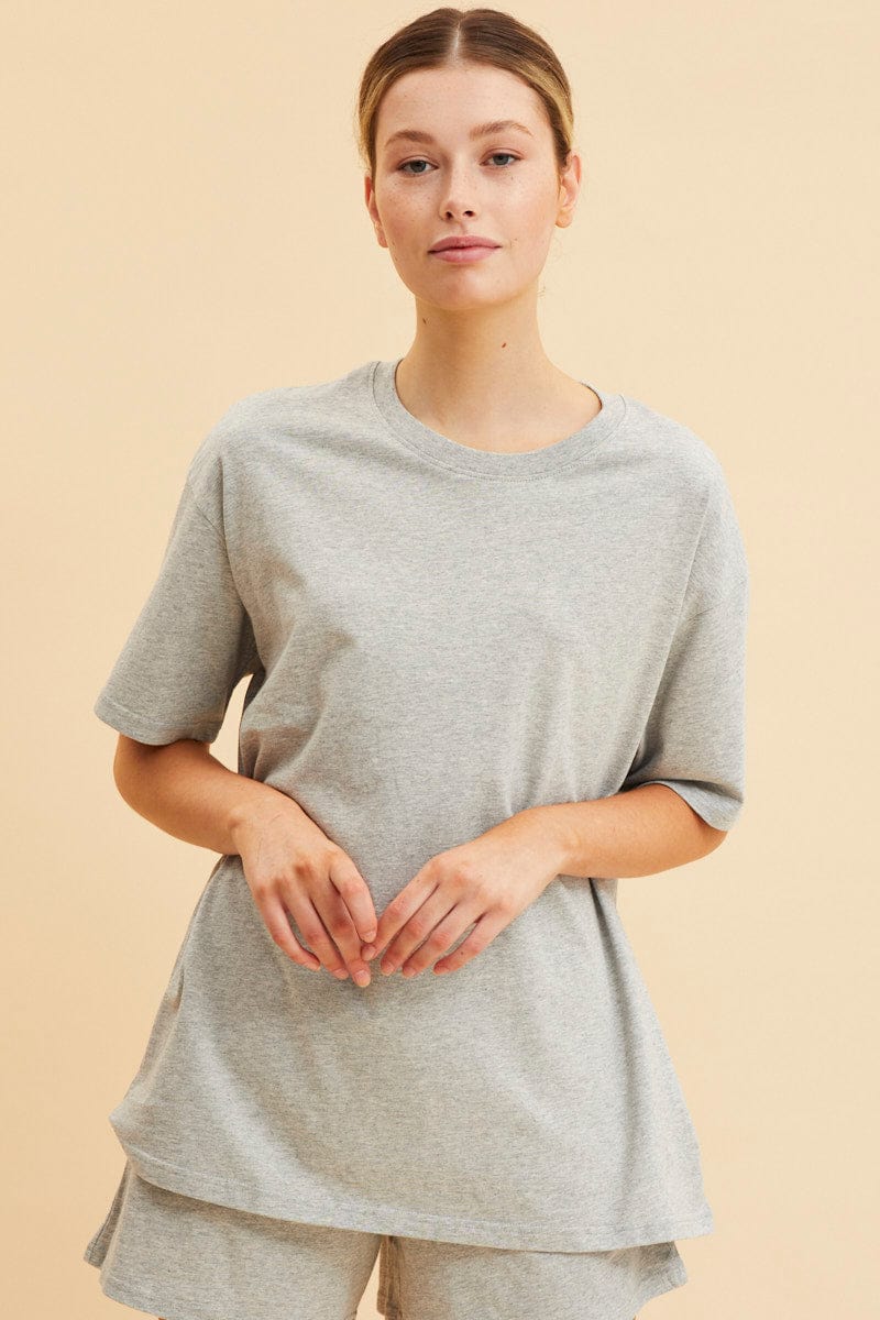 BASIC Grey Oversized T-Shirt Crew Neck Short Sleeve Cotton for Women by Ally