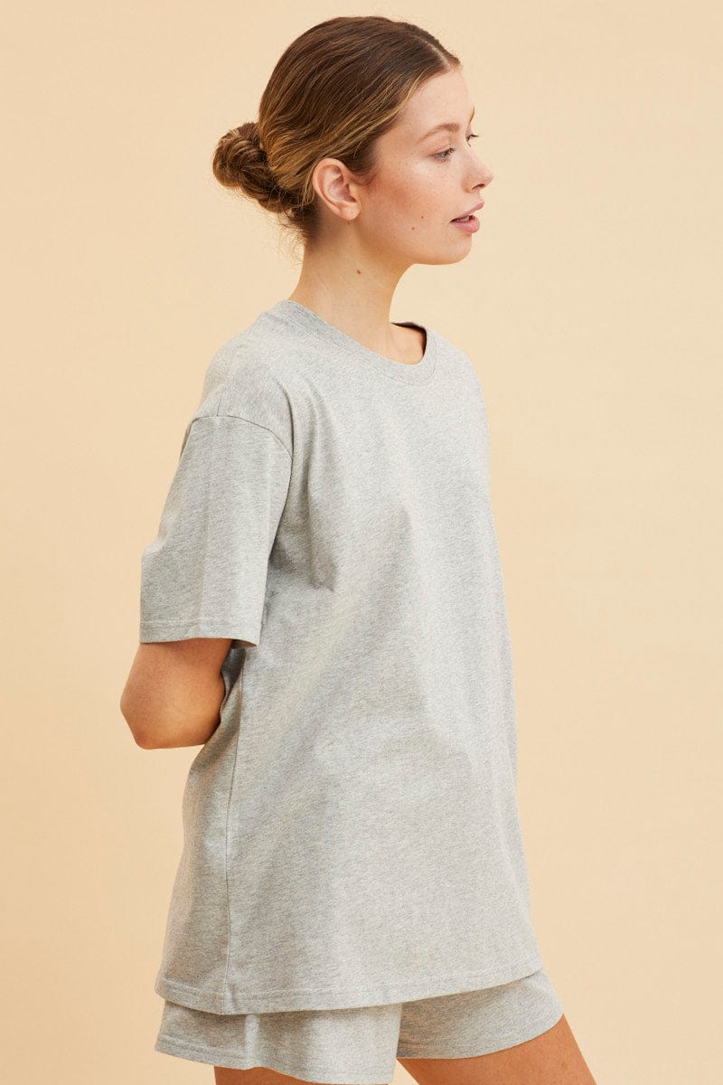 BASIC Grey Oversized T-Shirt Crew Neck Short Sleeve Cotton for Women by Ally