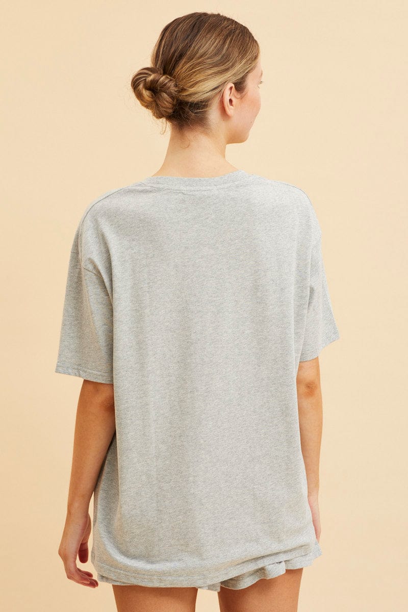 BASIC Grey Oversized T-Shirt Crew Neck Short Sleeve Cotton for Women by Ally