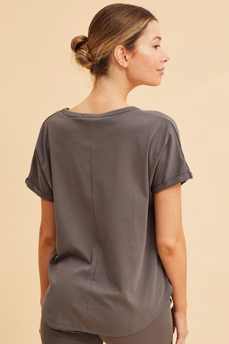 Women's Grey Pocket Tee Scoop Neck Cotton Stretch Short Sleeve