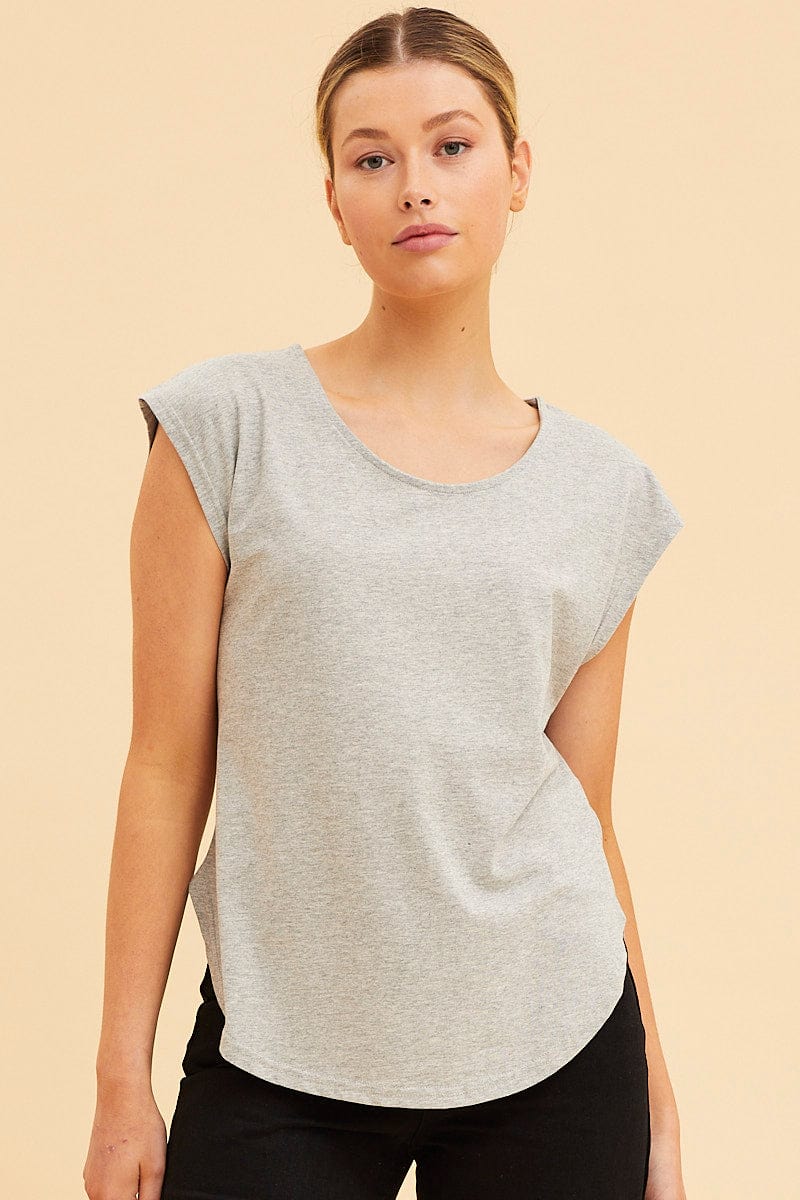 BASIC Grey Relaxed T-Shirt Drop Shoulder Curved Hem Crew Neck for Women by Ally