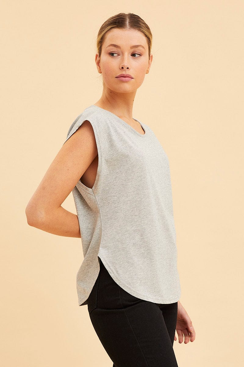 BASIC Grey Relaxed T-Shirt Drop Shoulder Curved Hem Crew Neck for Women by Ally