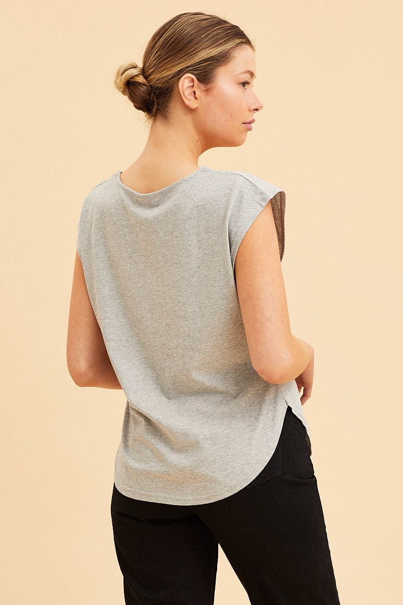 BASIC Grey Relaxed T-Shirt Drop Shoulder Curved Hem Crew Neck for Women by Ally