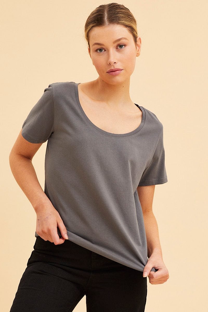 BASIC Grey Relaxed T-Shirt Scoop Neck Short Sleeve for Women by Ally