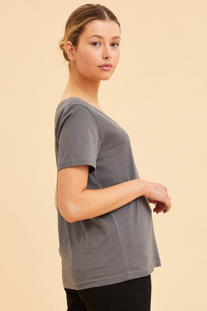 BASIC Grey Relaxed T-Shirt Scoop Neck Short Sleeve for Women by Ally