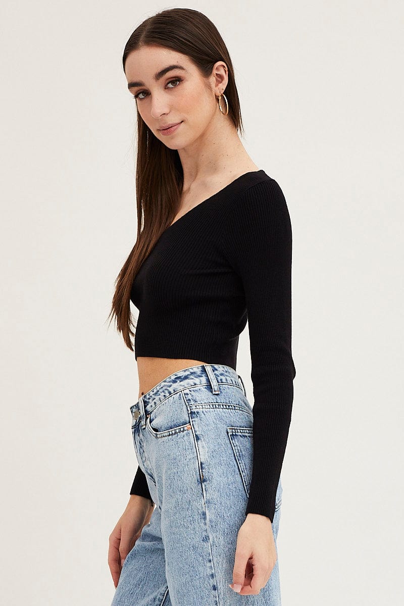 BASIC KNIT Black Knit Top Long Sleeve Crop V-Neck for Women by Ally