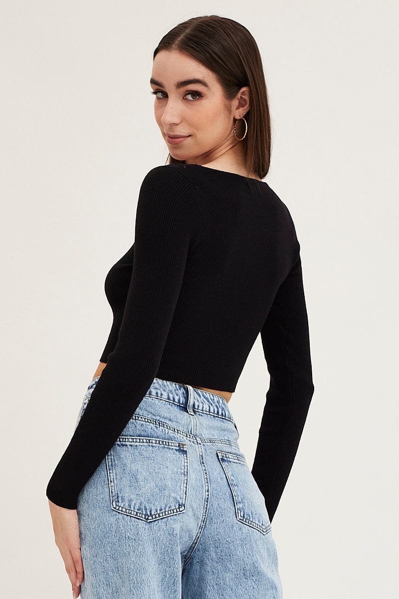 BASIC KNIT Black Knit Top Long Sleeve Crop V-Neck for Women by Ally