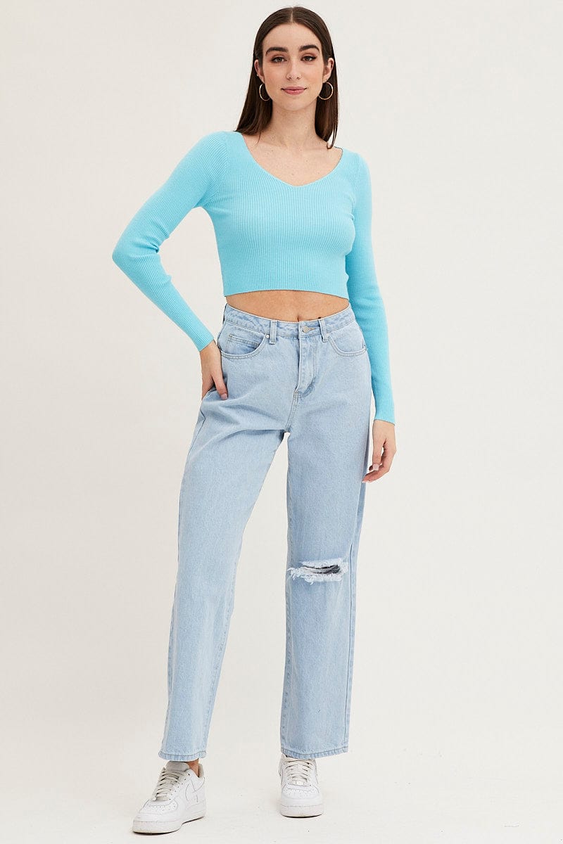 Women’s Blue Knit Top Long Sleeve Crop V-Neck | Ally Fashion