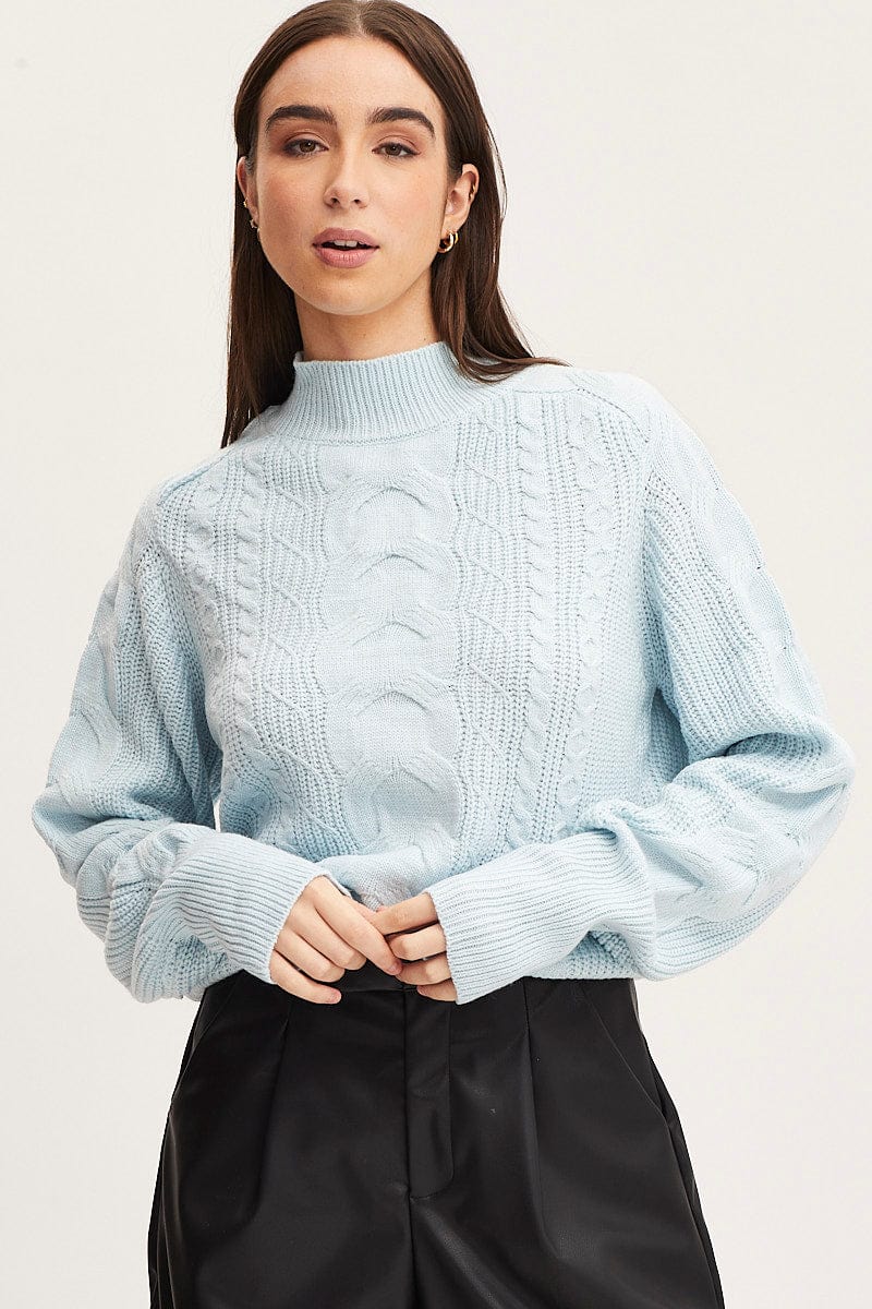 BASIC KNIT Blue Knit Top Long Sleeve Relaxed Turtleneck Cable for Women by Ally