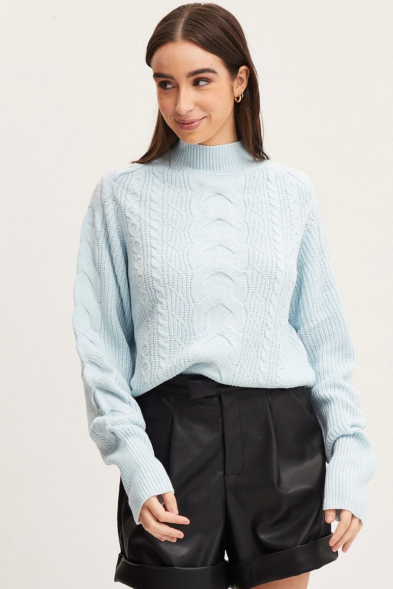 BASIC KNIT Blue Knit Top Long Sleeve Relaxed Turtleneck Cable for Women by Ally