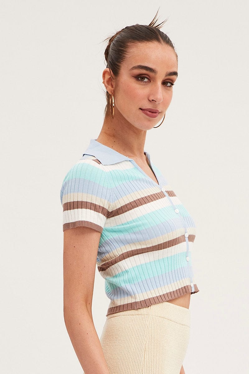 BASIC KNIT Blue Stripe Crop Cardigan Short Sleeve Knit for Women by Ally