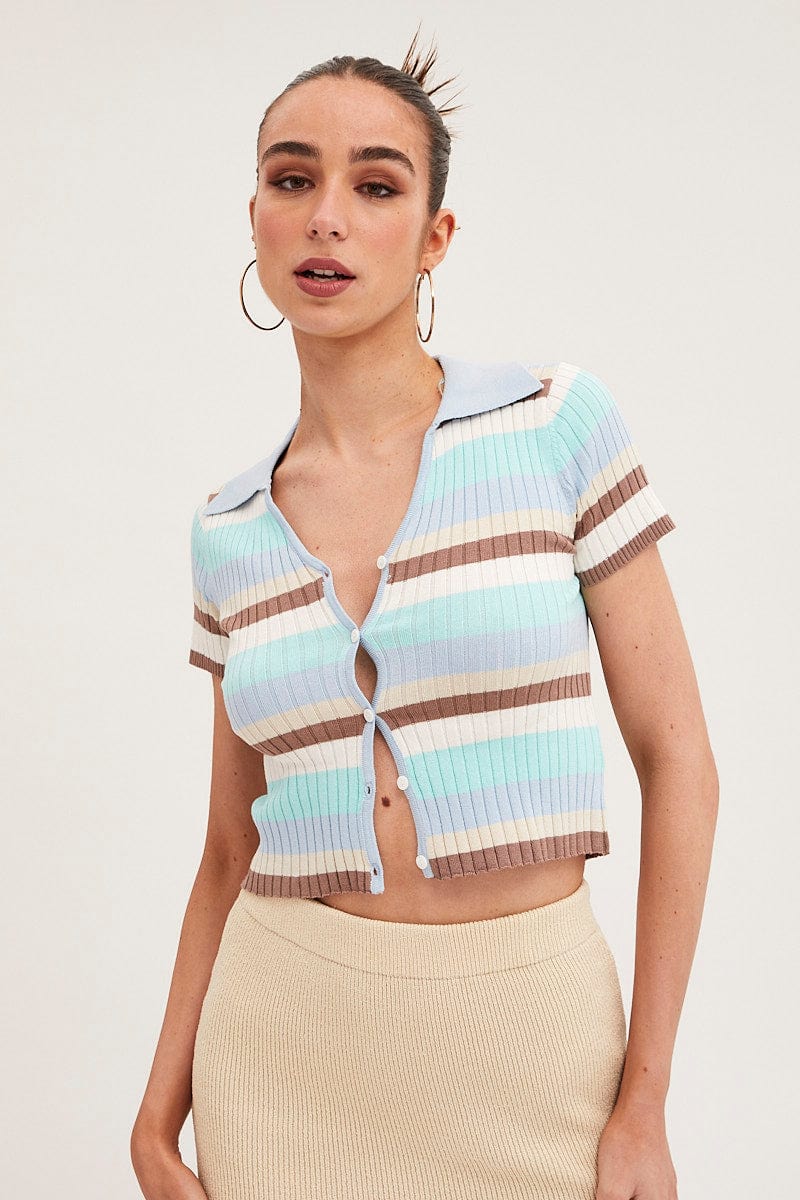 BASIC KNIT Blue Stripe Crop Cardigan Short Sleeve Knit for Women by Ally