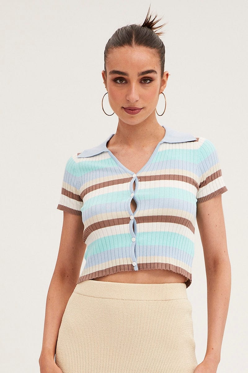 BASIC KNIT Blue Stripe Crop Cardigan Short Sleeve Knit for Women by Ally