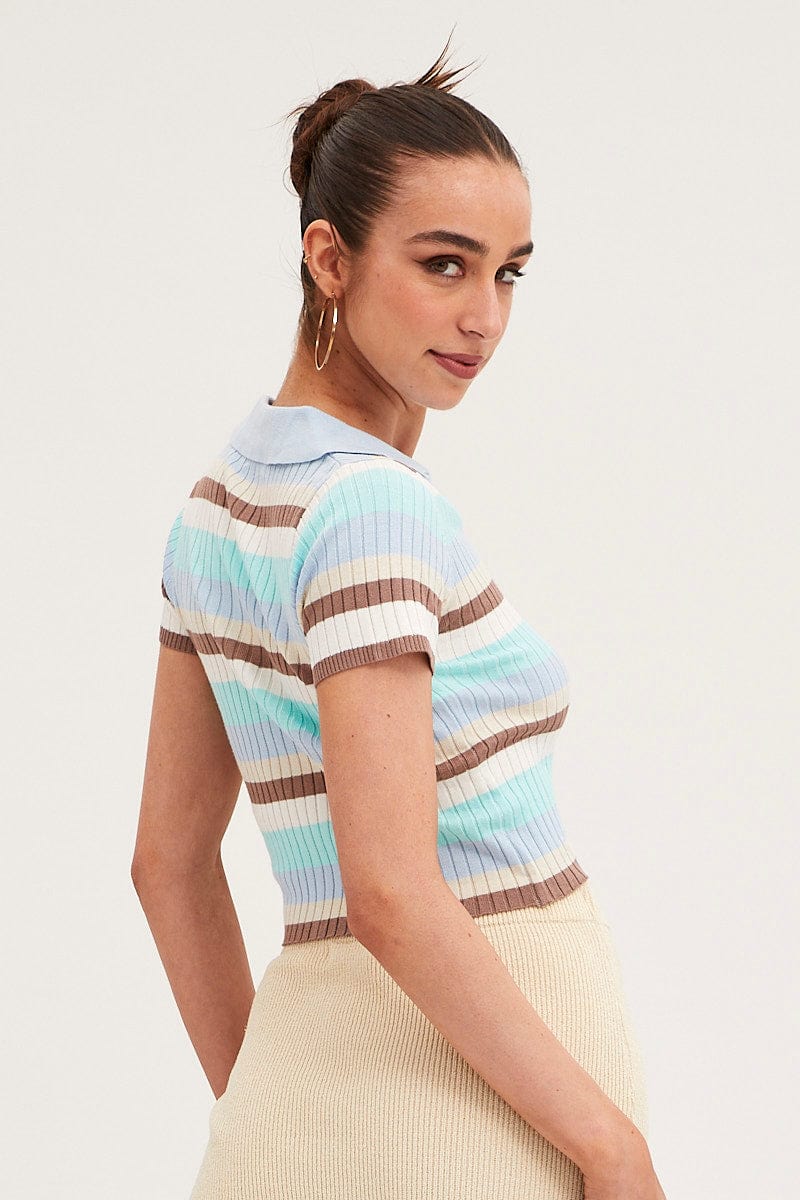 BASIC KNIT Blue Stripe Crop Cardigan Short Sleeve Knit for Women by Ally