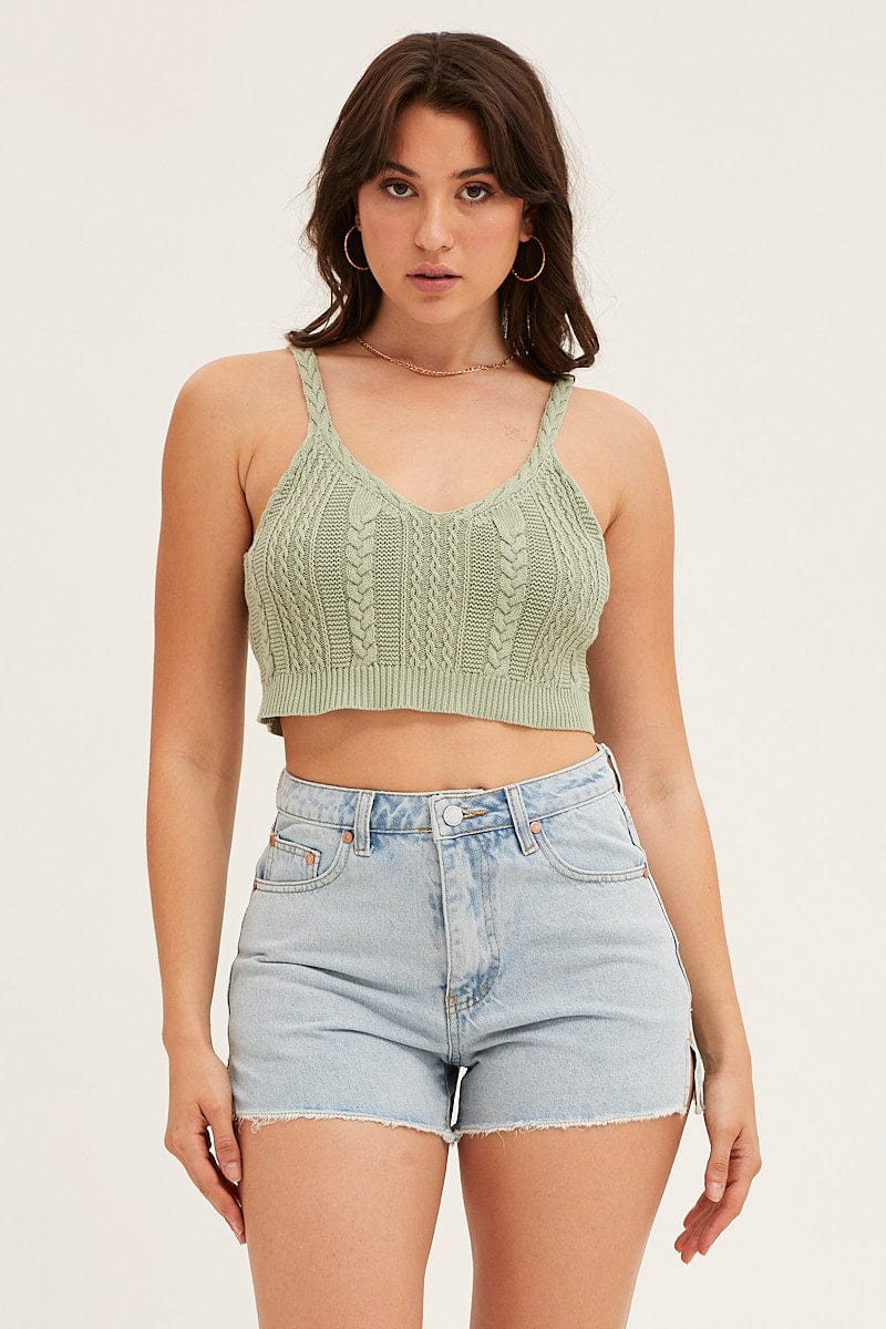 BASIC KNIT Green Cable Crop Knit Top for Women by Ally