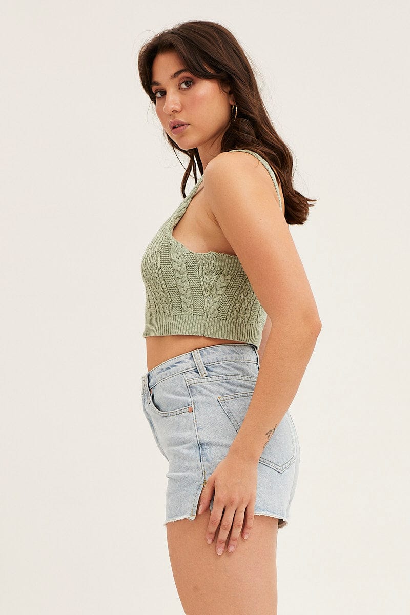 BASIC KNIT Green Cable Crop Knit Top for Women by Ally