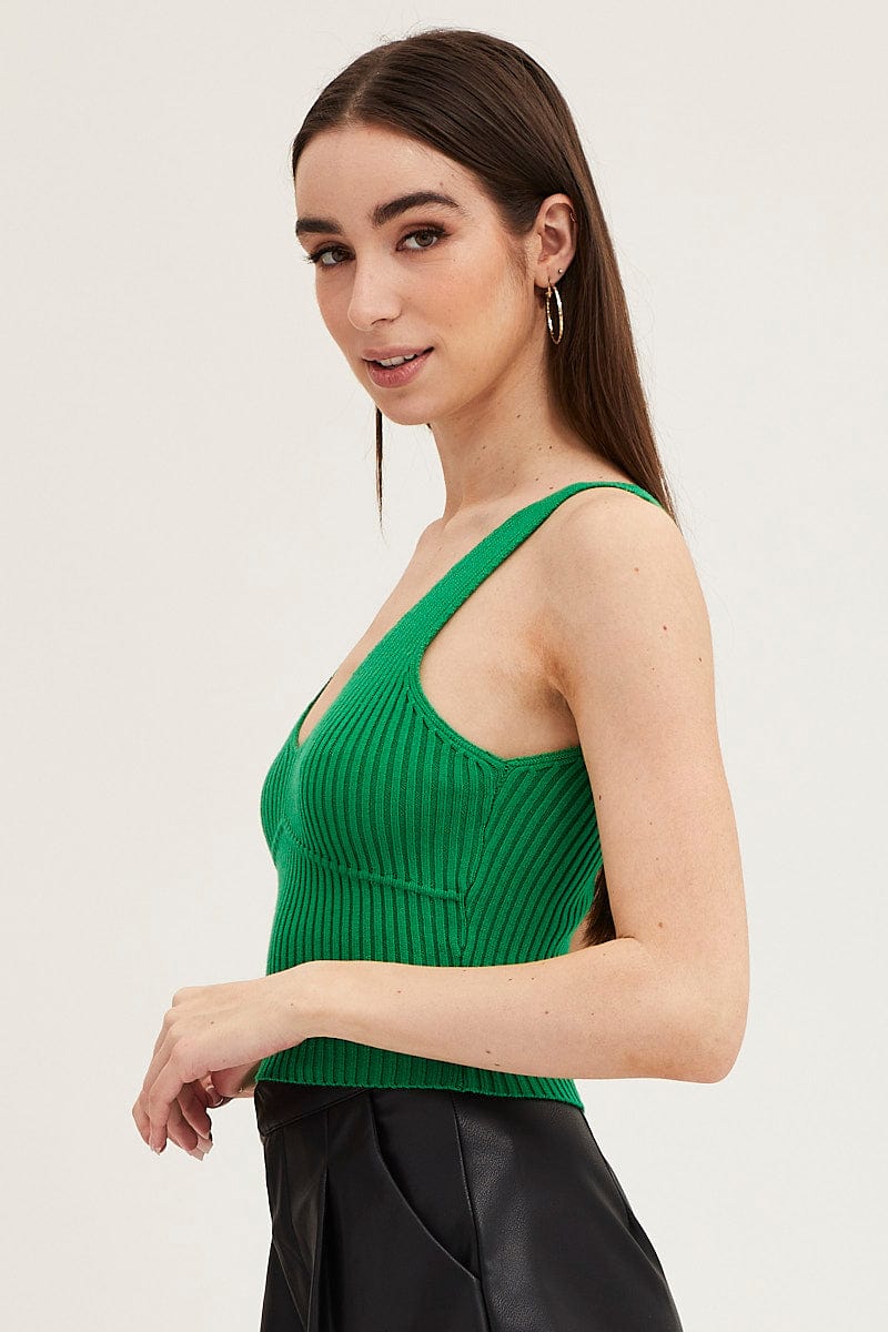 BASIC KNIT Green Knit Top Sleeveless Crop V-Neck for Women by Ally