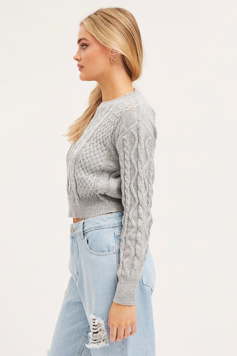 BASIC KNIT Grey Knit Top Long Sleeve Round Neck Cable for Women by Ally