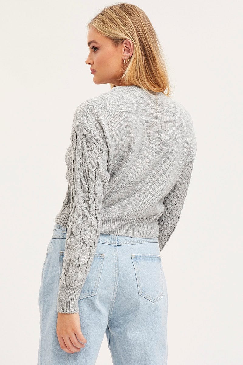 BASIC KNIT Grey Knit Top Long Sleeve Round Neck Cable for Women by Ally