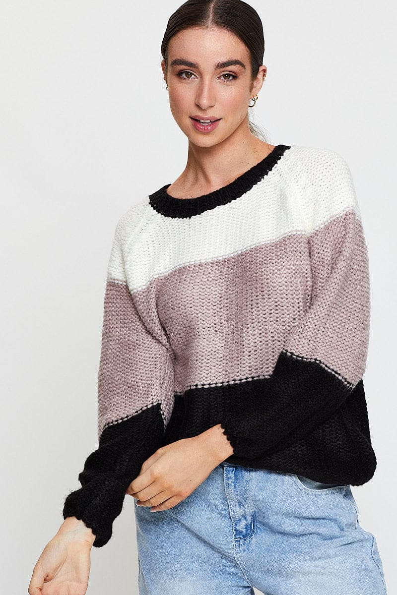 BASIC KNIT Multi Knit Top Long Sleeve Relaxed Colour Block for Women by Ally