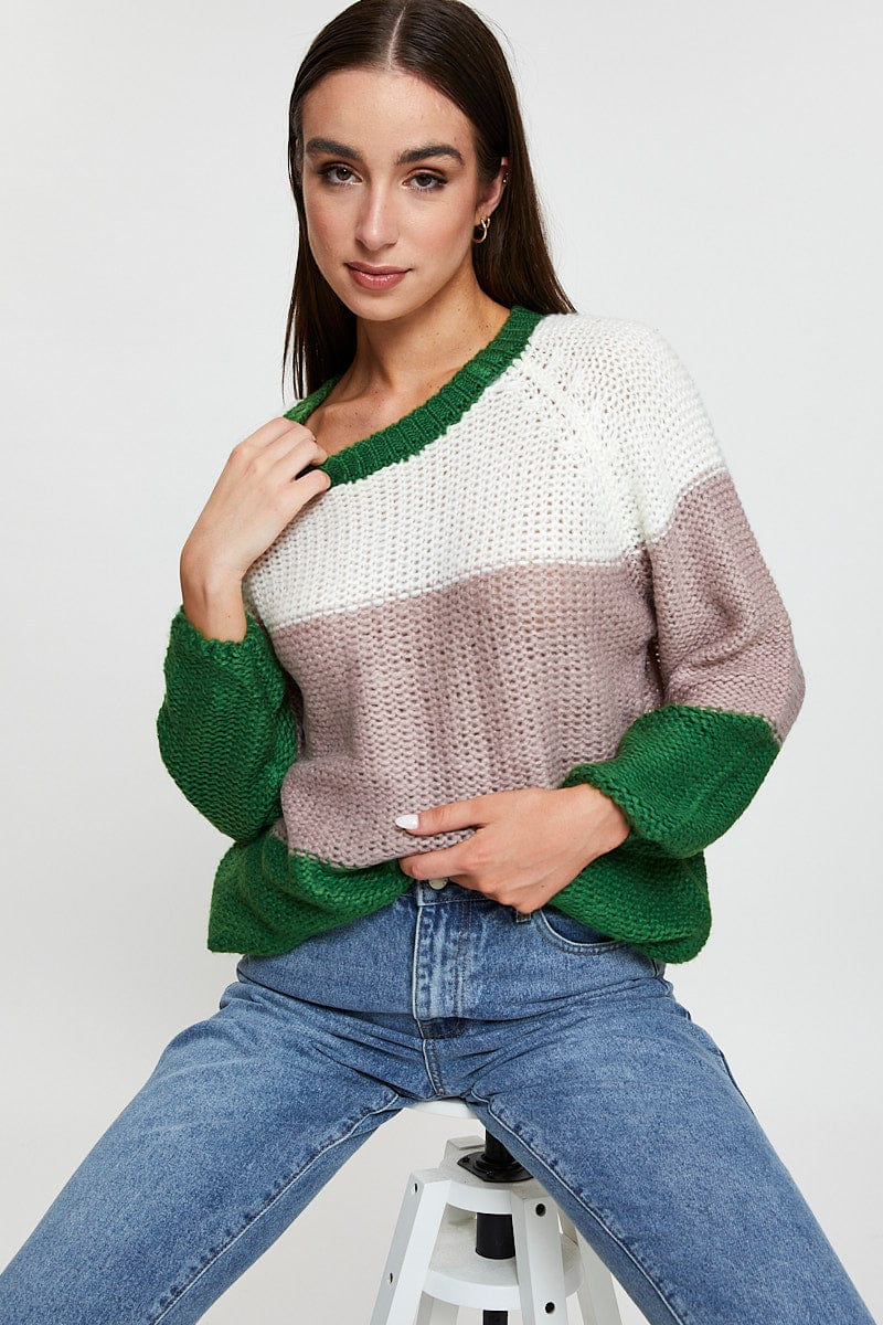BASIC KNIT Multi Knit Top Long Sleeve Relaxed Colour Block for Women by Ally