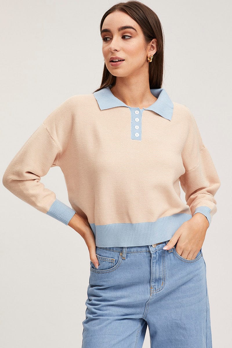 BASIC KNIT Nude Knit Top Long Sleeve Collared for Women by Ally