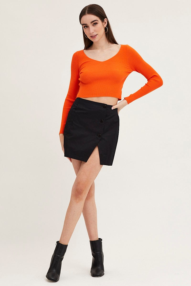 BASIC KNIT Orange Knit Top Long Sleeve Crop V-Neck for Women by Ally