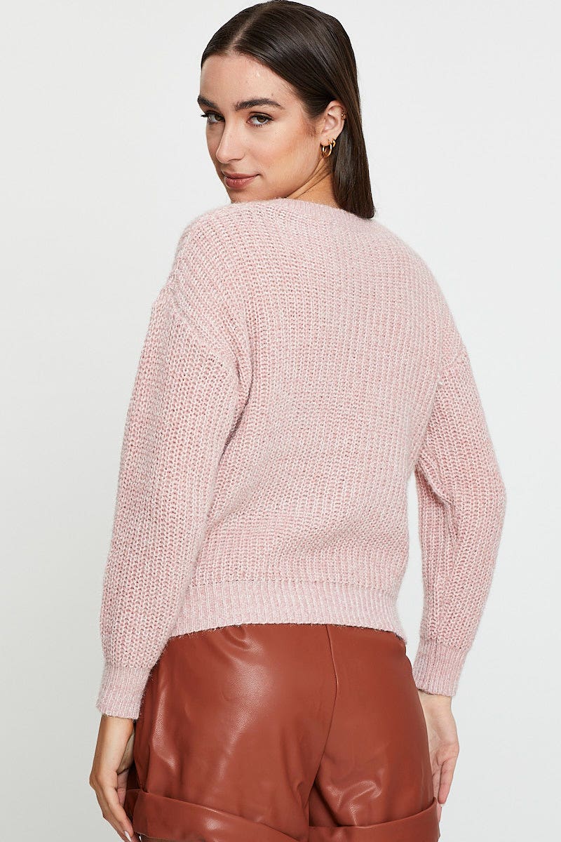 BASIC KNIT Pink Knit Top Long Sleeve Round Neck for Women by Ally