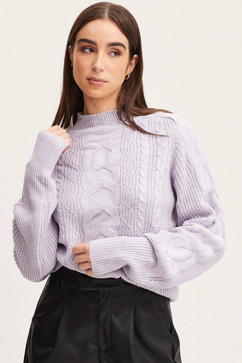 BASIC KNIT Purple Knit Top Long Sleeve Relaxed Turtleneck Cable for Women by Ally