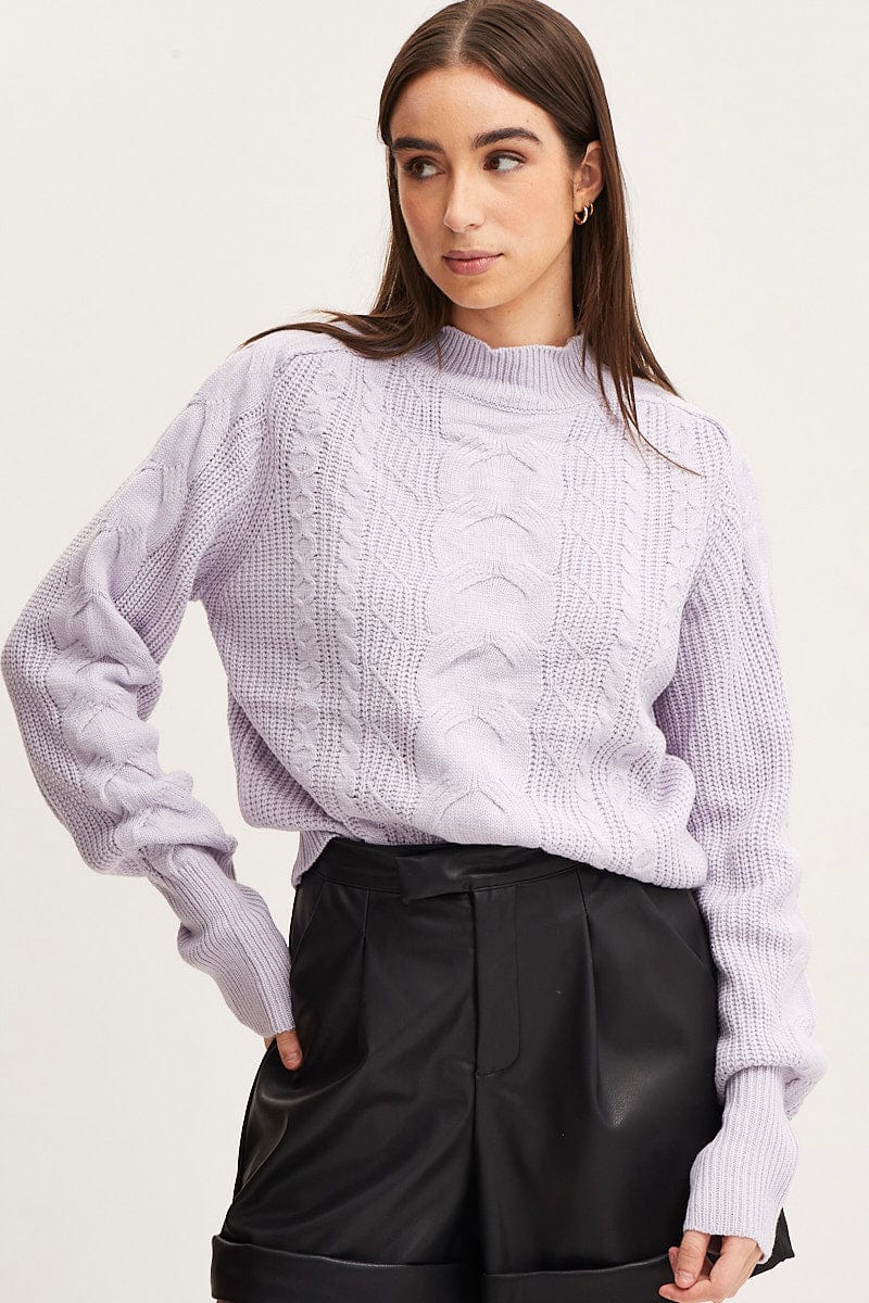 BASIC KNIT Purple Knit Top Long Sleeve Relaxed Turtleneck Cable for Women by Ally