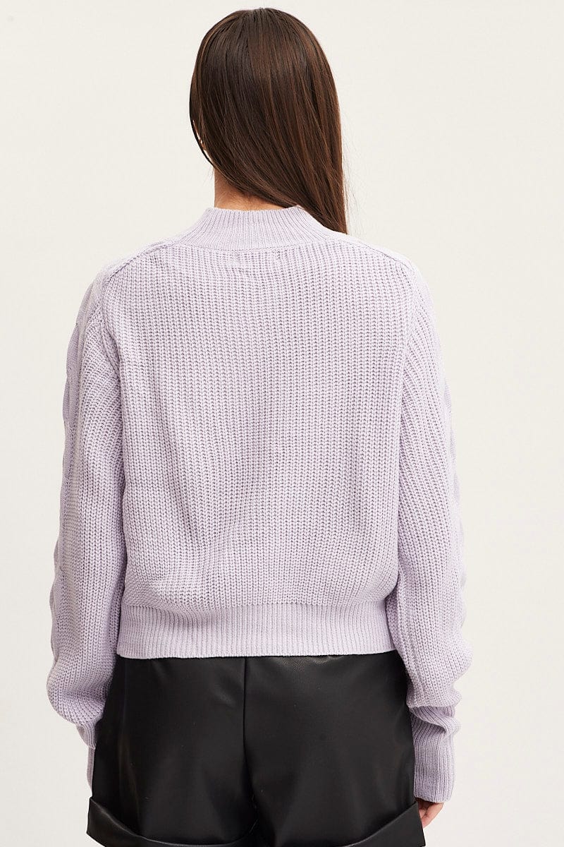 BASIC KNIT Purple Knit Top Long Sleeve Relaxed Turtleneck Cable for Women by Ally