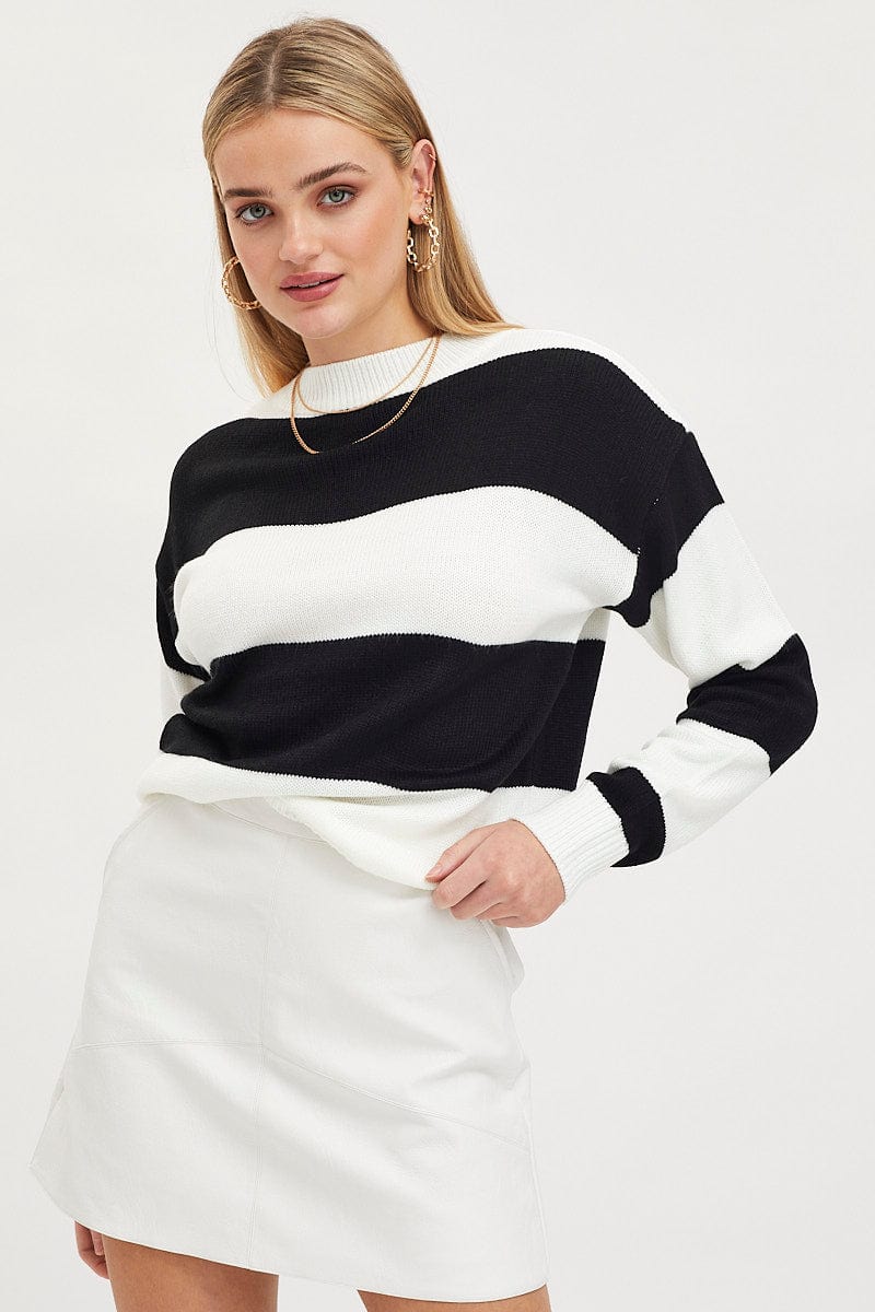 BASIC KNIT Stripe Knit Top Long Sleeve Round Neck Colour Block for Women by Ally