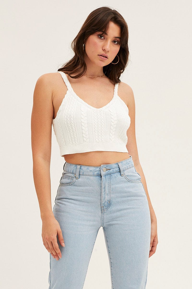 BASIC KNIT White Cable Crop Knit Top for Women by Ally