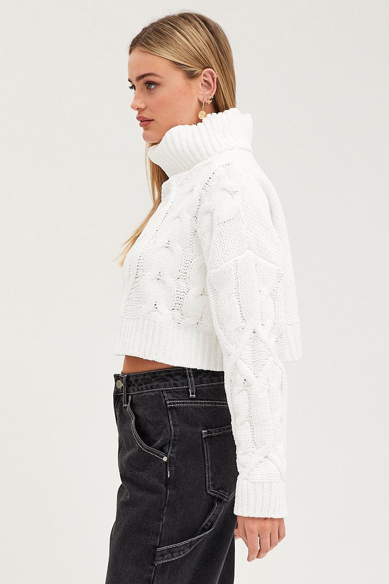 BASIC KNIT White Knit Top Long Sleeve Crop Turtleneck for Women by Ally