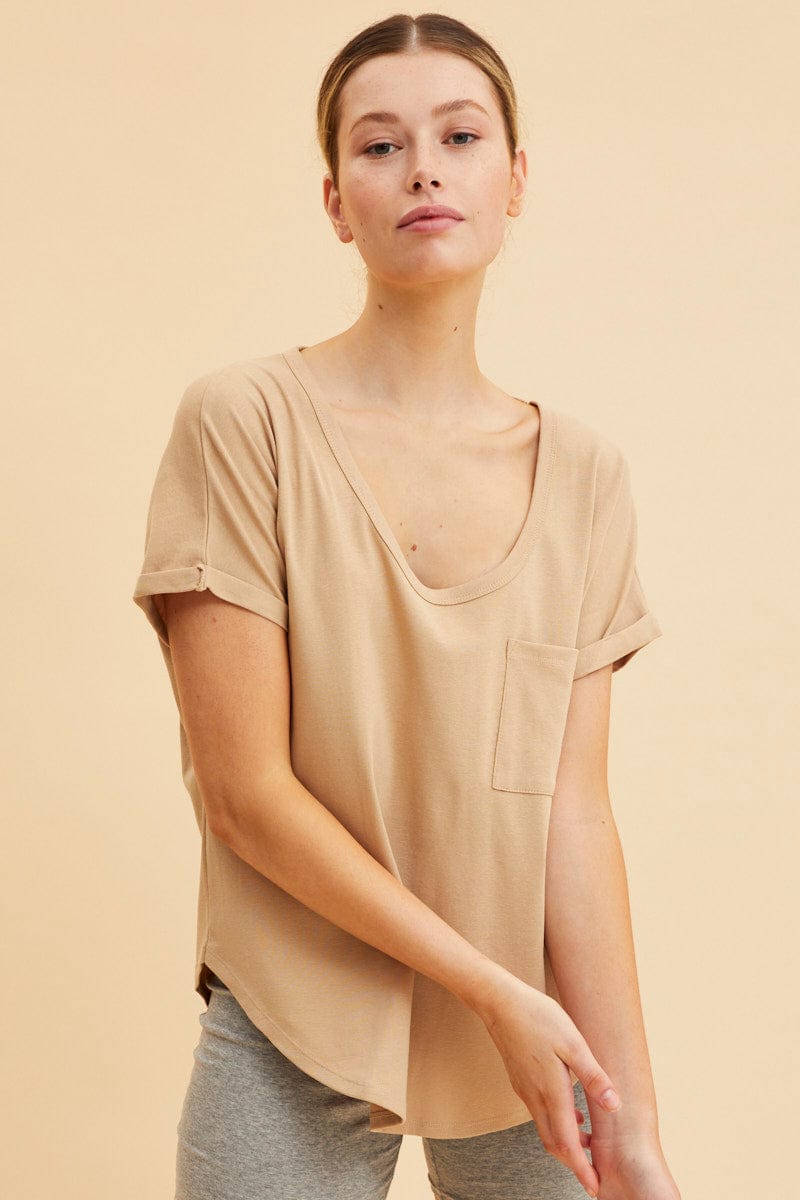 BASIC Nude Pocket Tee Scoop Neck Cotton Stretch Short Sleeve for Women by Ally
