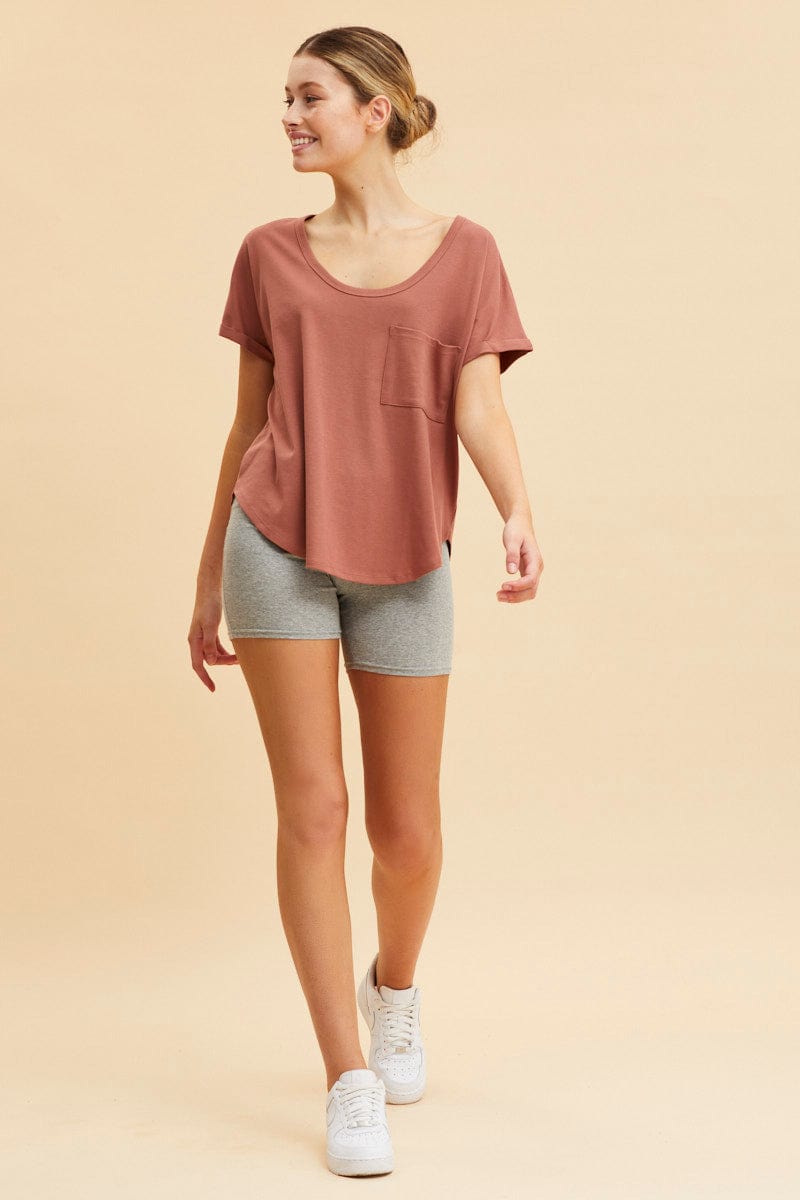 BASIC Rust Pocket Tee Scoop Neck Cotton Stretch Short Sleeve for Women by Ally