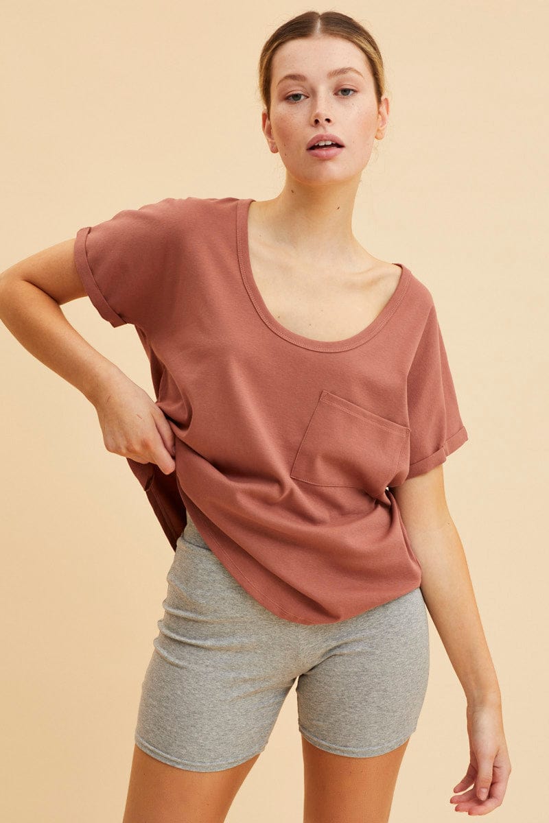 BASIC Rust Pocket Tee Scoop Neck Cotton Stretch Short Sleeve for Women by Ally