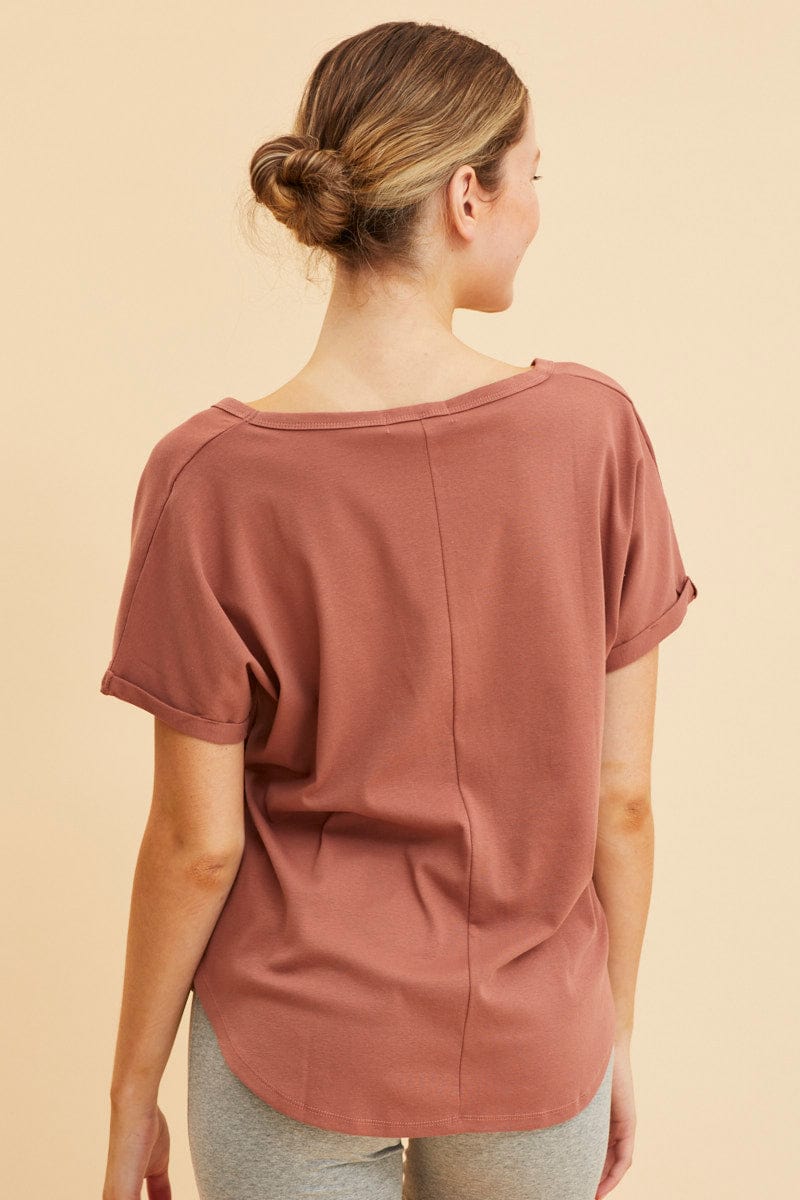 BASIC Rust Pocket Tee Scoop Neck Cotton Stretch Short Sleeve for Women by Ally