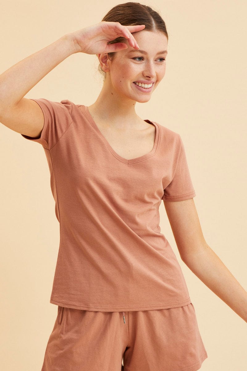 BASIC Rust V Neck T-Shirt Cotton Regular Fit Cotton for Women by Ally