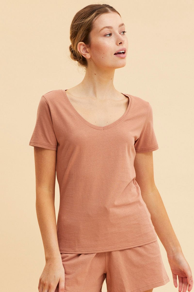 BASIC Rust V Neck T-Shirt Cotton Regular Fit Cotton for Women by Ally