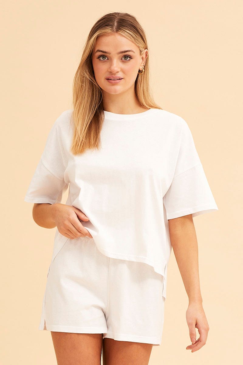 BASIC White Cotton T-Shirt Crew Neck Short Sleeve Curved Hem for Women by Ally