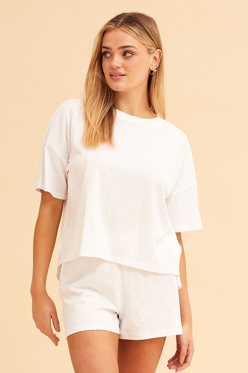 BASIC White Cotton T-Shirt Crew Neck Short Sleeve Curved Hem for Women by Ally