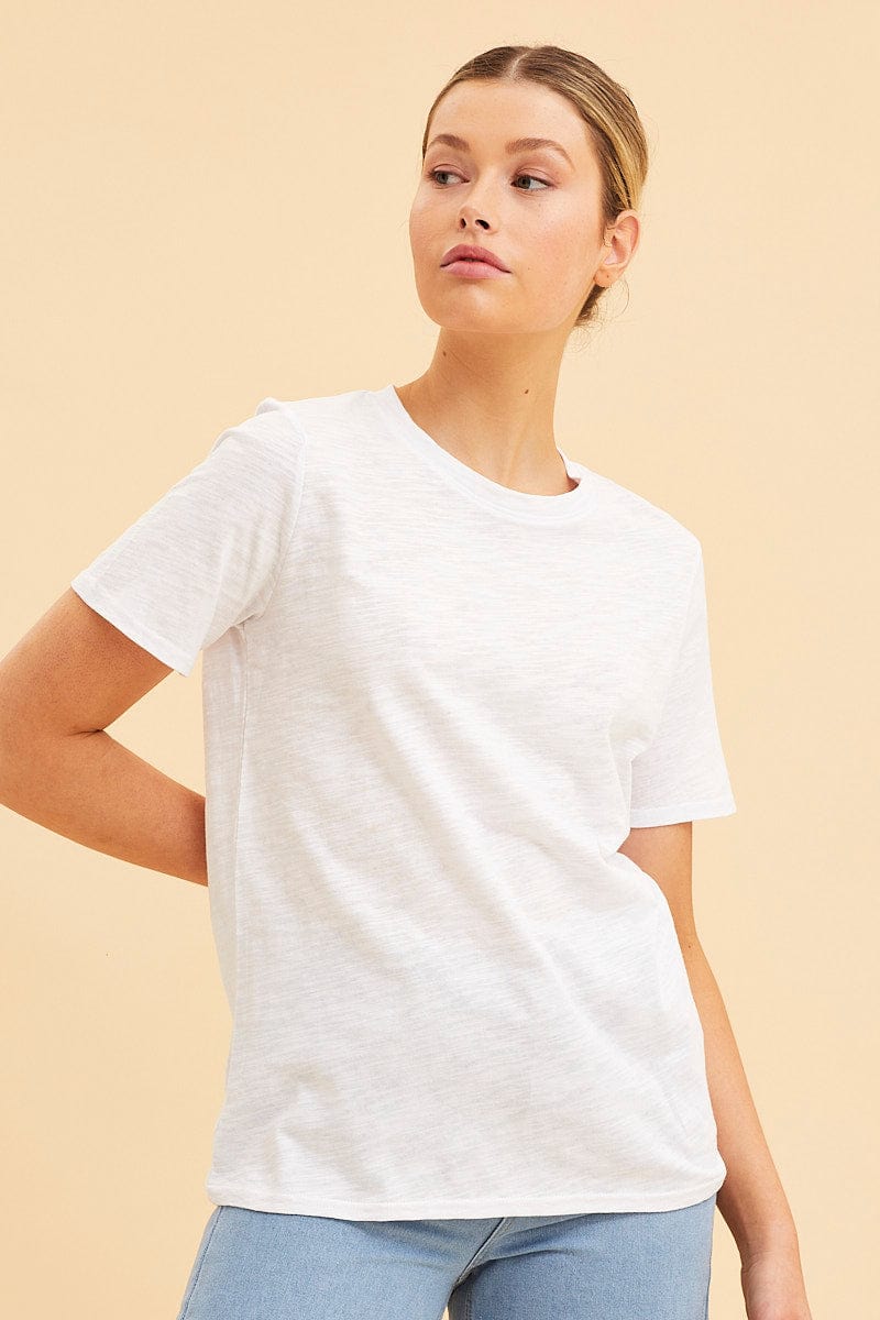 BASIC White Cotton T-Shirt Slub Crew Neck Regular Fit for Women by Ally